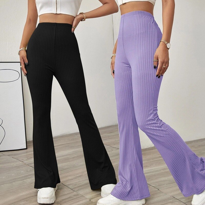 Stretchy Streetwear 슬림 새로운 플레어 바지 여성 패션 2022 가을 늑골이있는 넓은 다리 바지 전체 높은 허리 바지 겨울 G3309